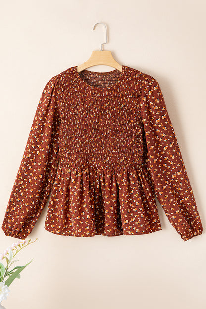 Brown Floral Smocked Bodice Mini Dress