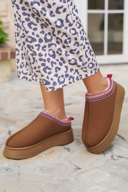 Chestnut Suede Contrast Print Plush Lined Snow Boots