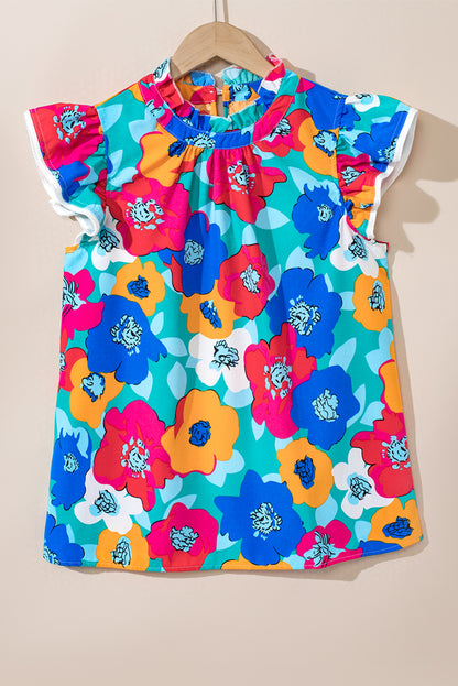 Rose Split V Collar Ruffle Sleeve Floral Shift Dress