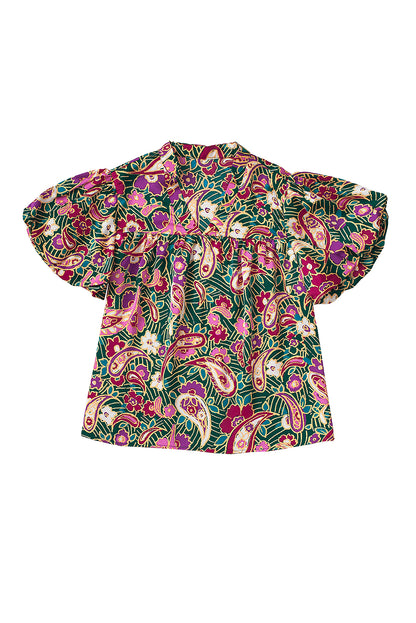 Green Paisley Print Flutter Sleeve Tiered Ruffle Dress
