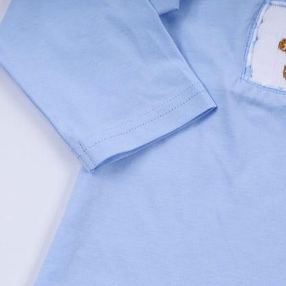 Blue gingerbread hand smocked gingham pants set