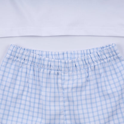 Blue character hand smocked gingham shorts set