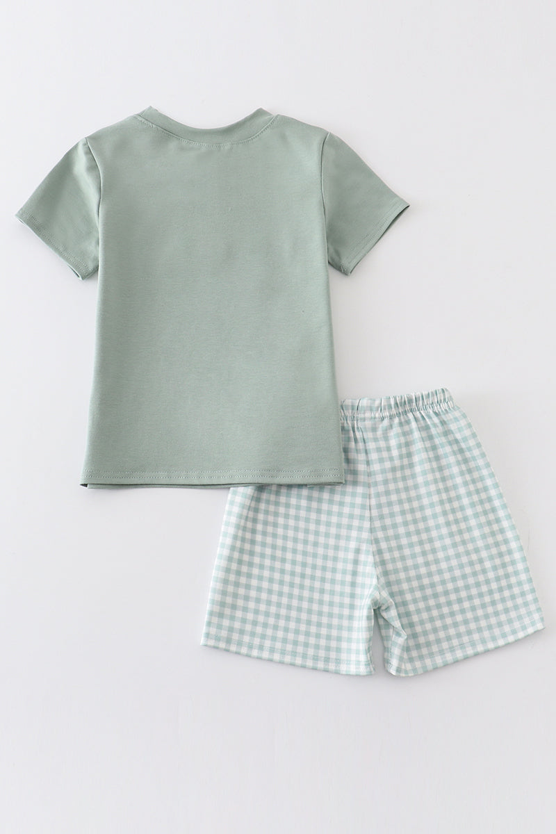 Green plaid bunny embroidery boy set