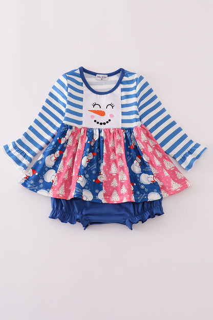 Blue snowman embroidery ruffle bubble