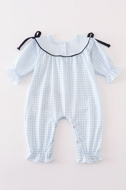 Navy plaid nativity embroidery girl romper