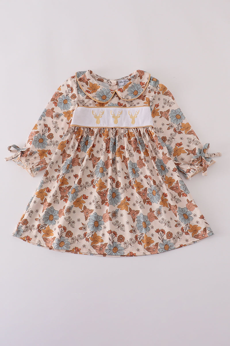 Khaki deer embroidery floral dress