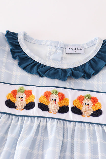 Teal thanksgiving turkey french knot plaid girl set
