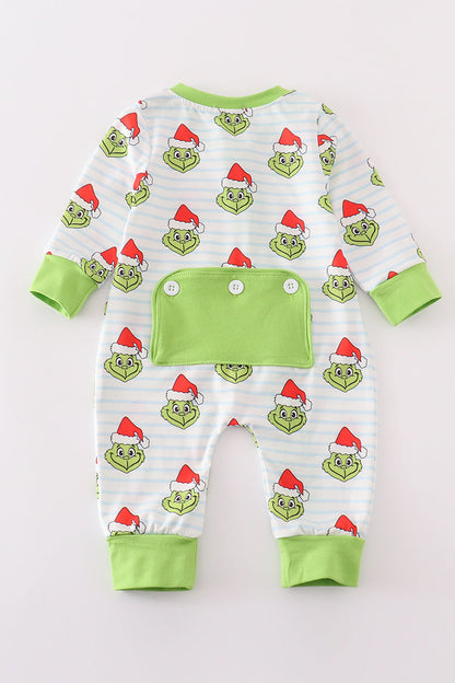 Green striped grinch print Zipper boy romper