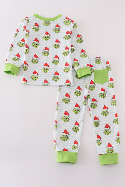 Green striped grinch print boy pajamas