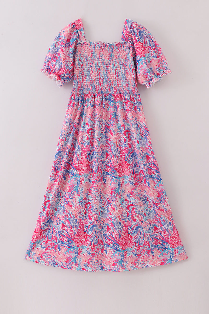 Pink coral reef smocked ruffle dress