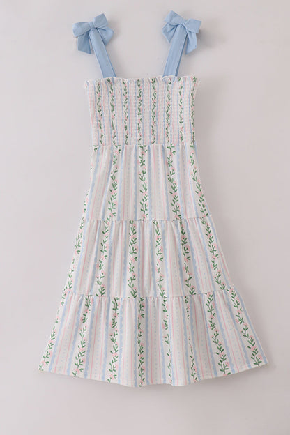 Blue floral print smocked women dress