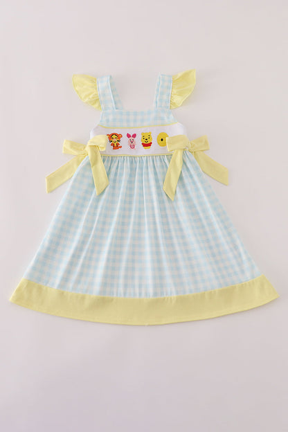 Blue character embroidery gingham ruffle dress