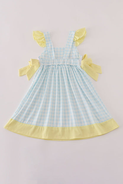 Blue character embroidery gingham ruffle dress