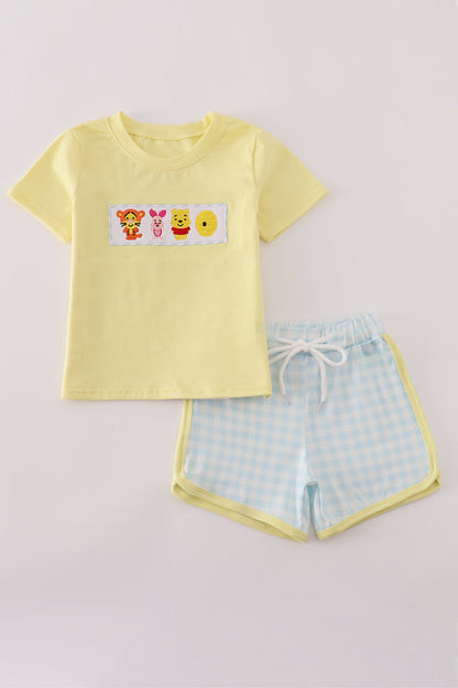 Blue character embroidery gingham shorts set