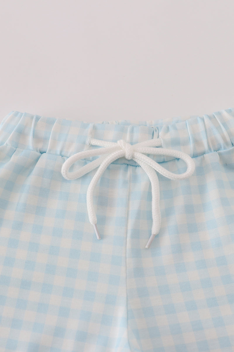 Blue character embroidery gingham shorts set