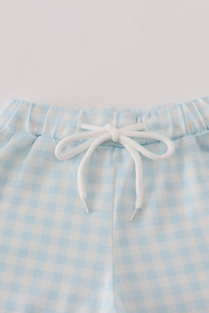 Blue character embroidery gingham shorts set