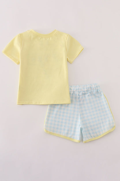 Blue character embroidery gingham shorts set