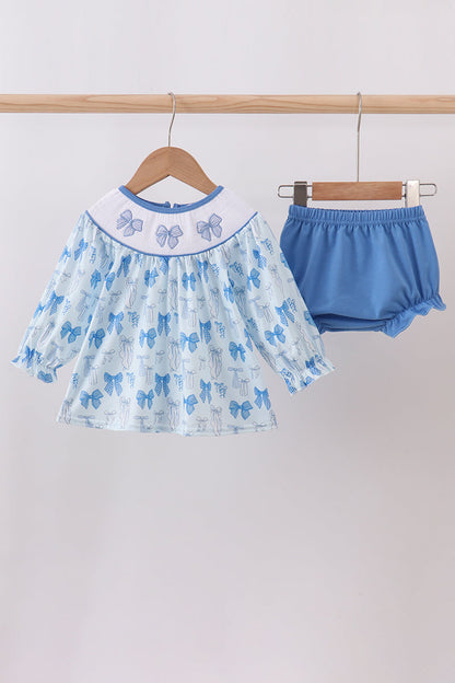 Blue bow smocked bloomer set