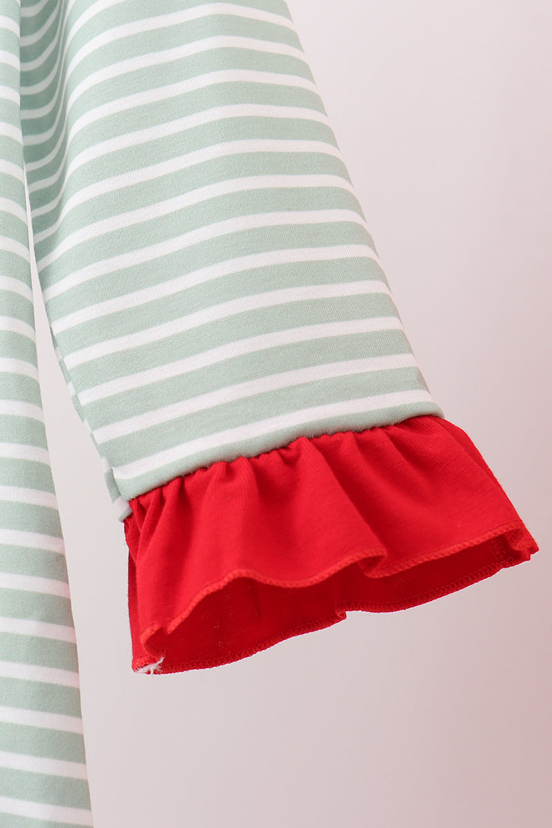 Green farm applique stripe ruffle pants set