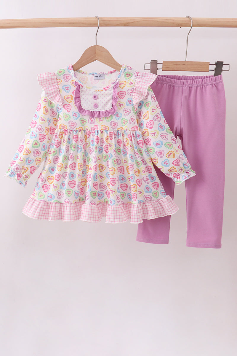 Purple heart print ruffle pants set