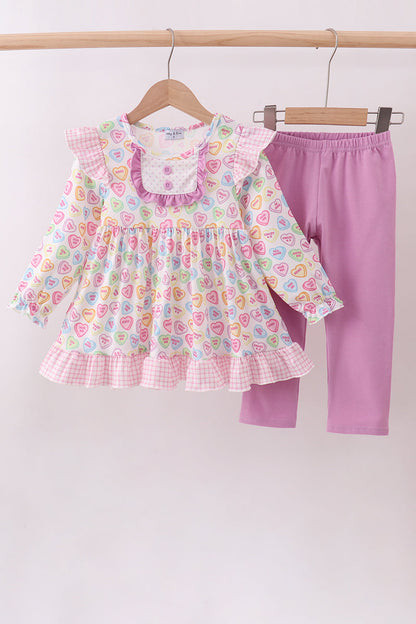 Purple heart print ruffle pants set
