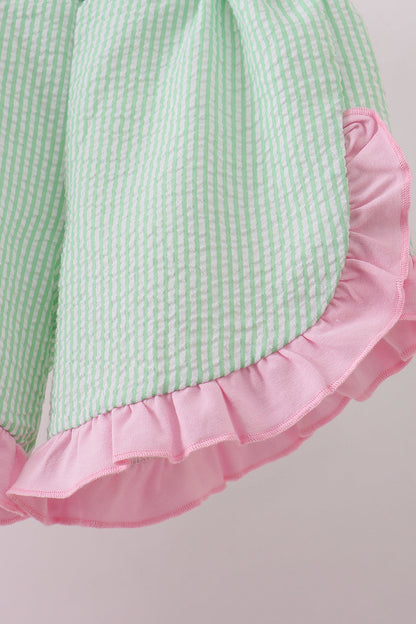Pink clover bow embroidery seersucker ruffle shorts set