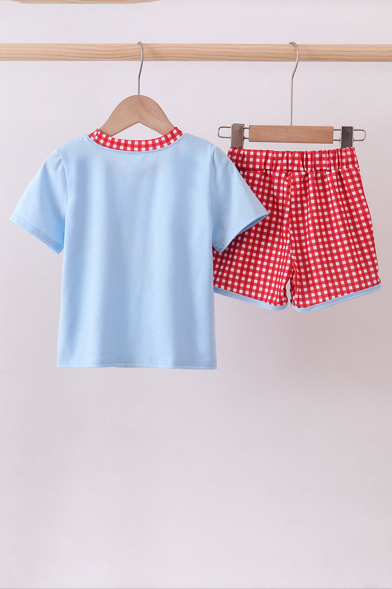 Blue character plane applique shorts set