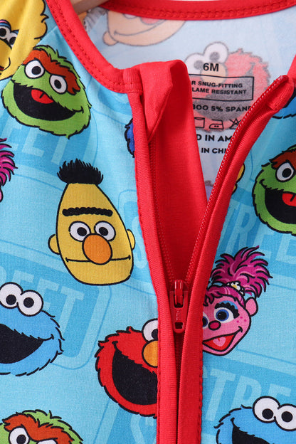 Blue character print bamboo romper