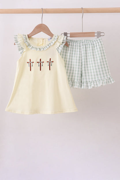 Green cross embroidery gingham ruffle shorts set