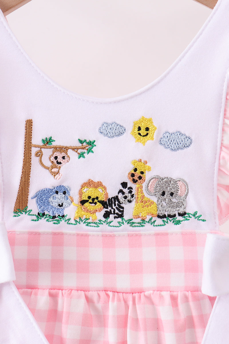 Pink zoo embroidery gingham ruffle bubble