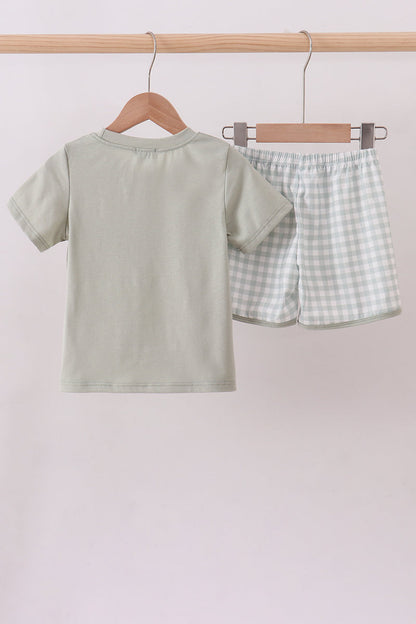 Green I love MOMMY smocked gingham shorts set