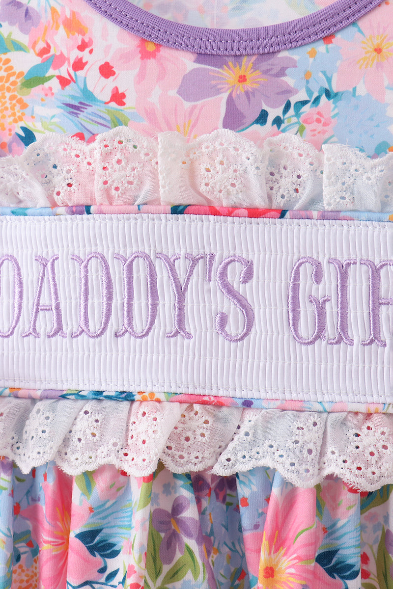 Purple floral daddy's girl smocked ruffle dress