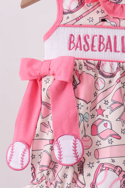 Pink baseball smocked ruffle bubble
