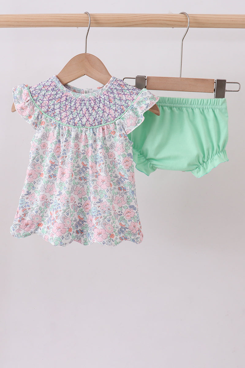 Green floral smocked ruffle bloomer set