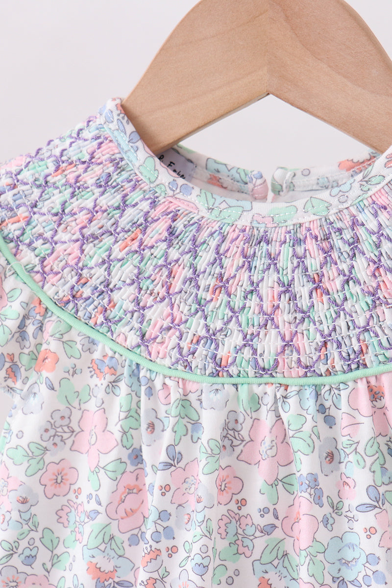 Green floral smocked ruffle bloomer set