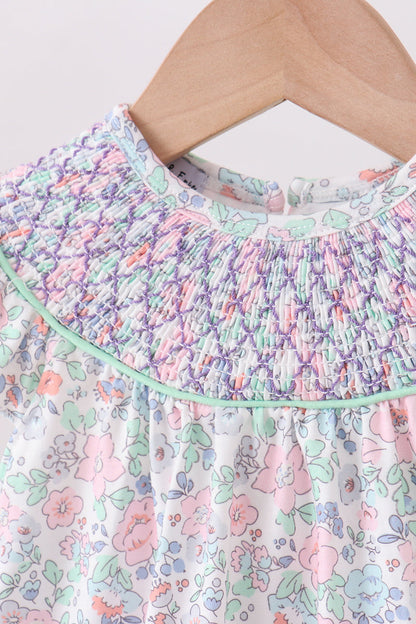 Green floral smocked ruffle bloomer set