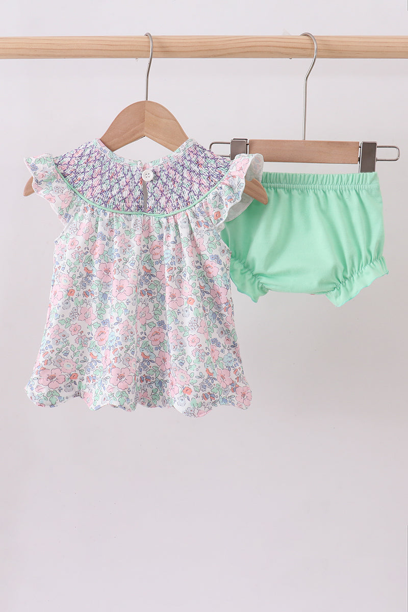 Green floral smocked ruffle bloomer set