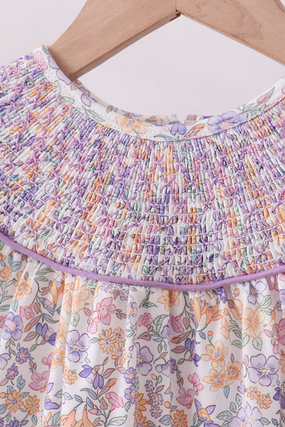 Purple floral smocked ruffle shorts set