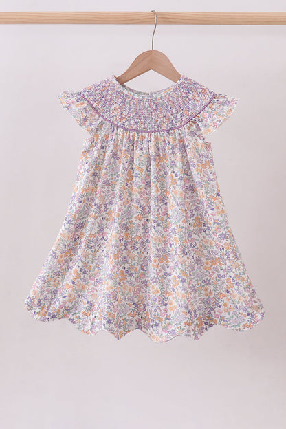 Purple floral smocked ruffle dress