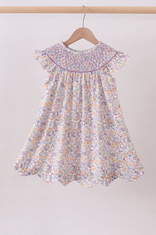 Purple floral smocked ruffle dress