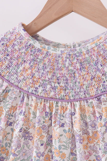 Purple floral smocked ruffle dress