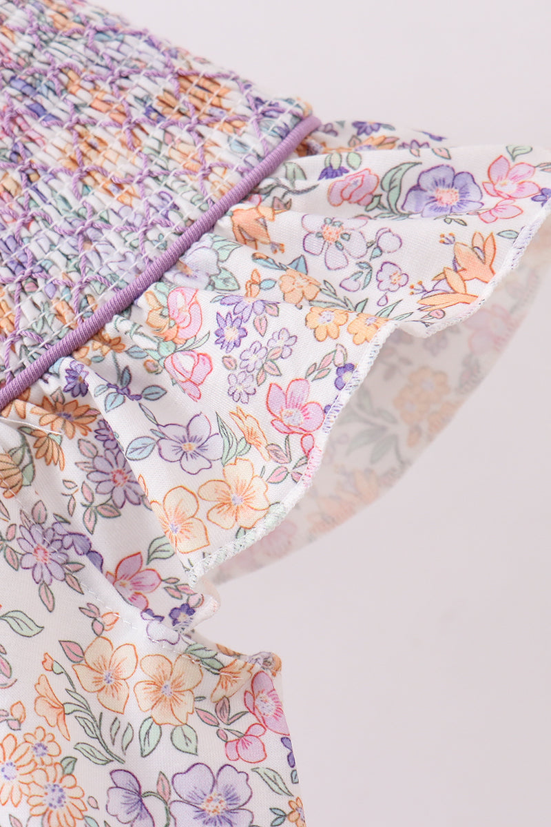 Purple floral smocked ruffle dress