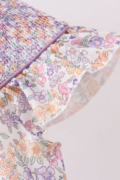 Purple floral smocked ruffle dress
