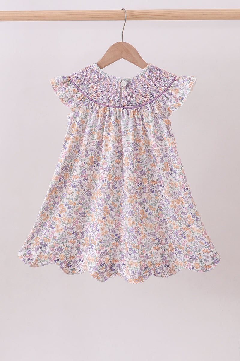Purple floral smocked ruffle dress