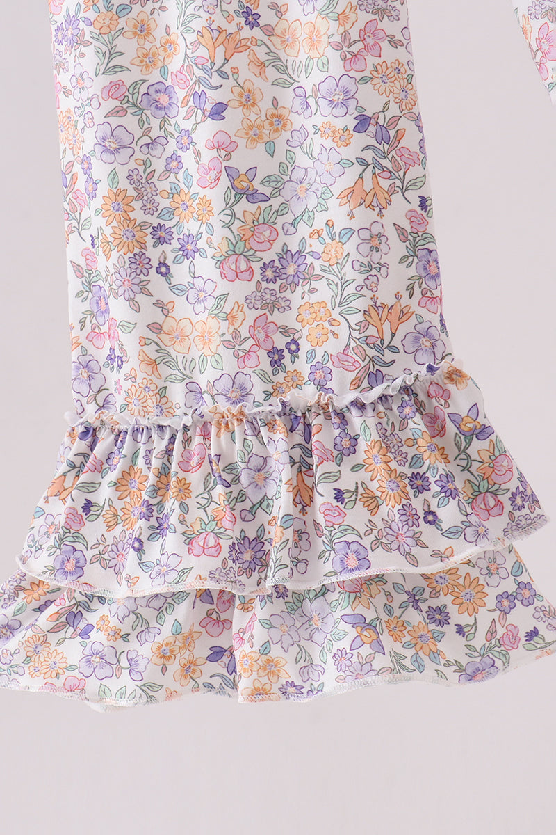 Purple floral smocked ruffle jumpsuit
