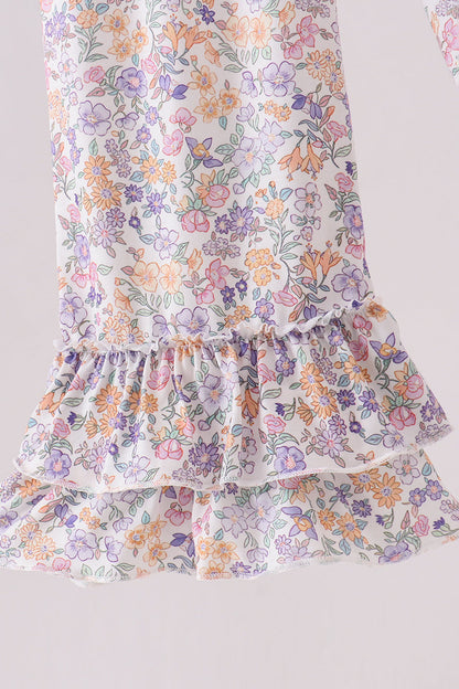 Purple floral smocked ruffle jumpsuit