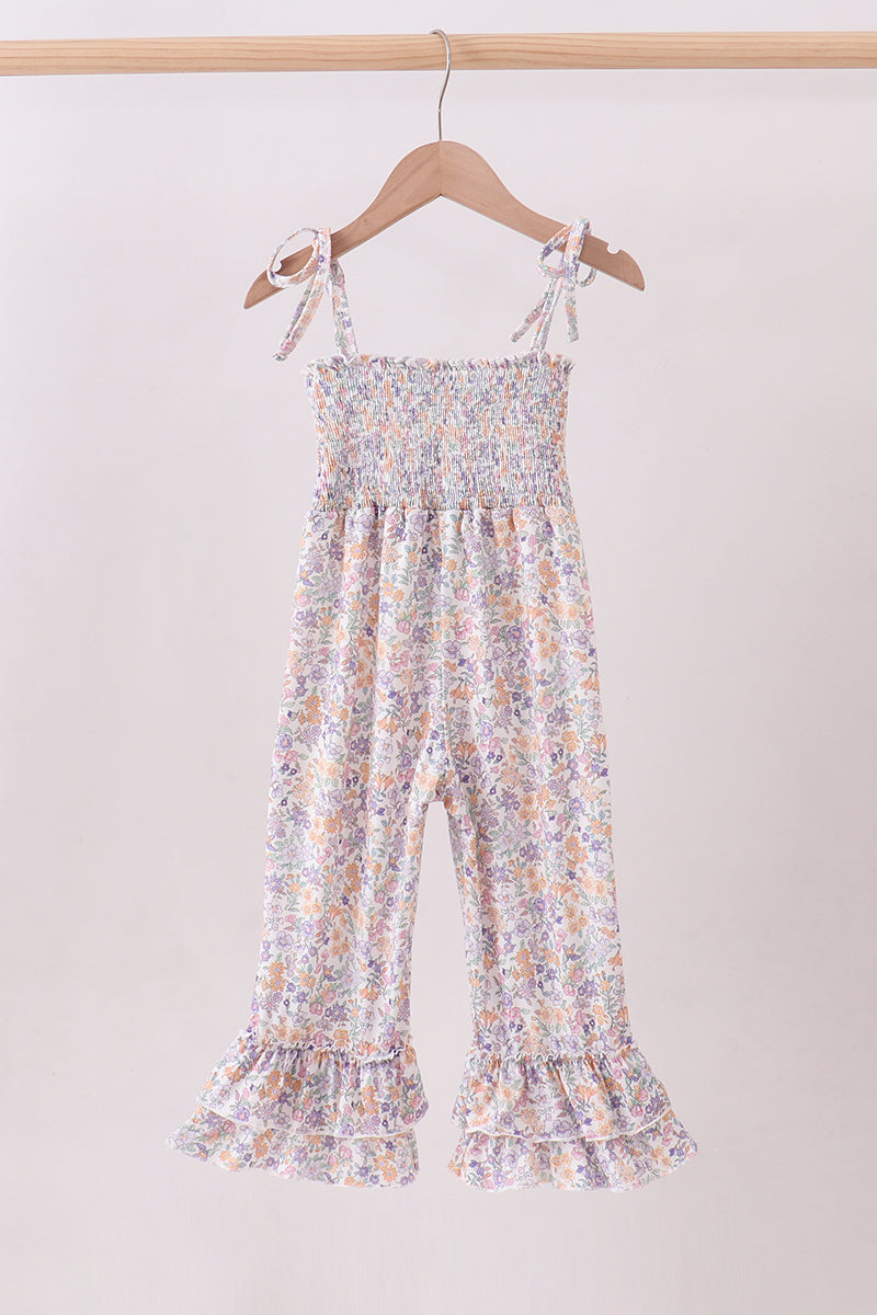 Purple floral smocked ruffle jumpsuit