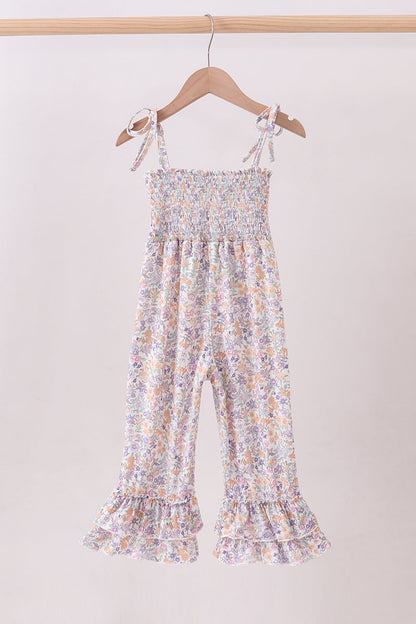 Purple floral smocked ruffle jumpsuit