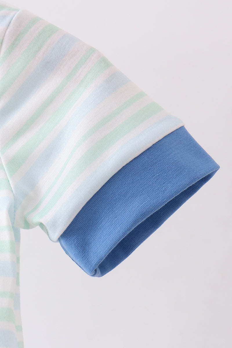Blue stripe excavator embroidery stripe romper