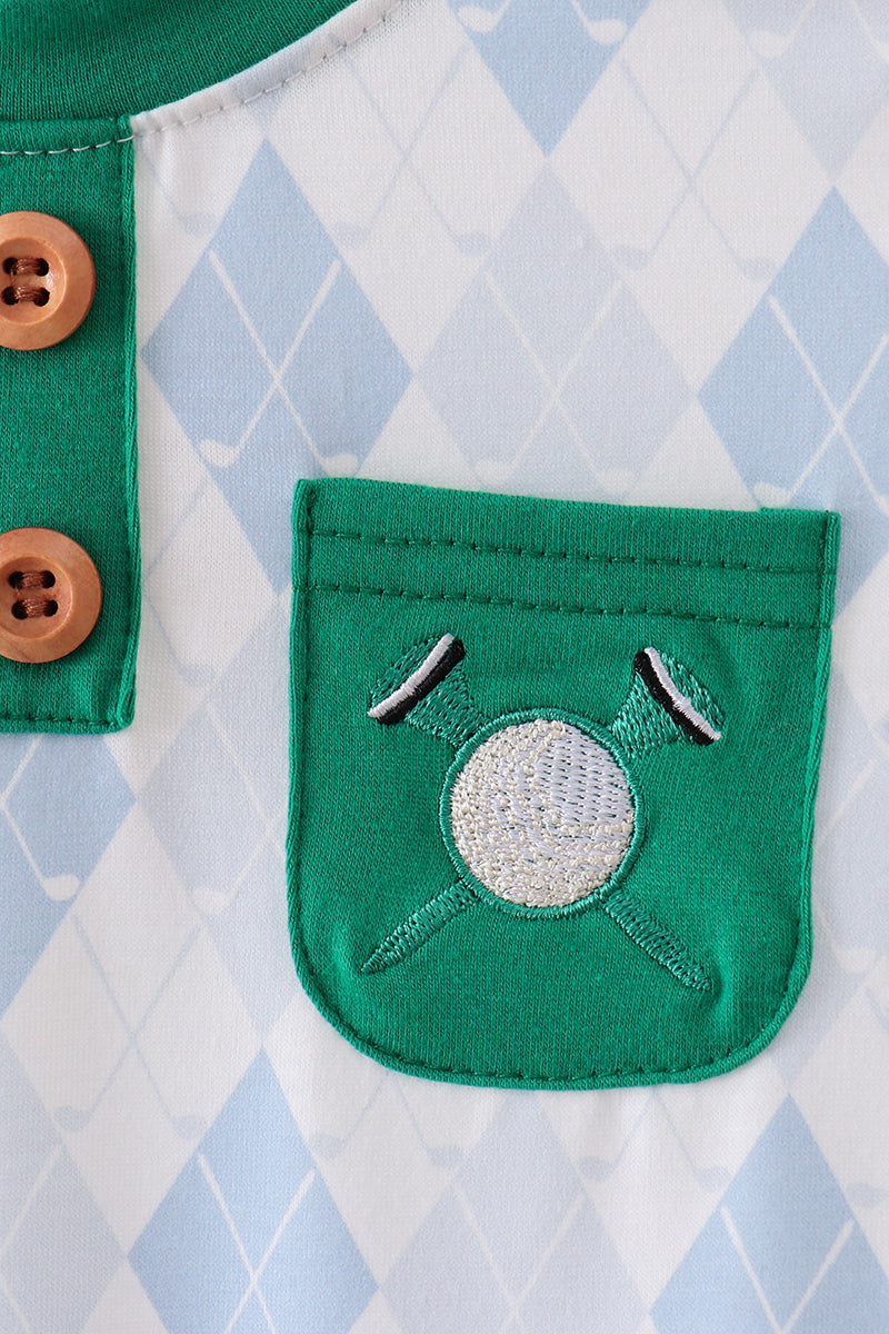 Green golf embroidery pocket romper